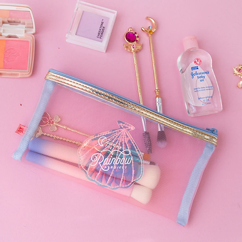

Cute Pencil Bag Women Mesh Cosmetic Makeup Brush Bag School Student Girls Pen Case Supply Stationery Storage Pouch