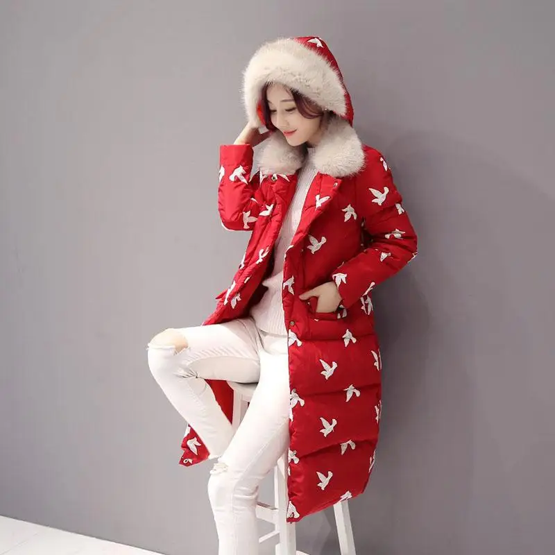 

Nice Fashion Winter Women Coat Withe Bird Embroidery Big Fur Hoody Down Jacket