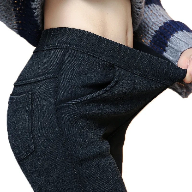 

Winter New Plus Velvet Thick Sand Wash Elastic Imitation Denim Leggings 120 Kg Plus Size Women L-6XL Big Warm Pants MZ3202