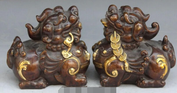

007849 8" Marked Chinese Bronze Gilt Money Wealth Guardian Beast Pi Xiu Statue Pair