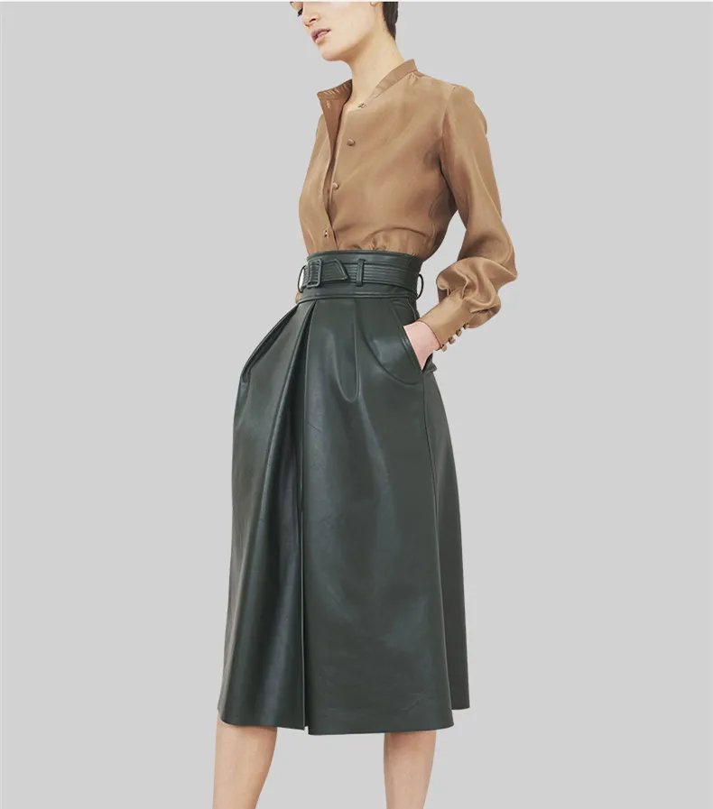 

High quality Shirt tops+high-waisted leather skirt two piece set 2017 Fall/winter women's leather skirt suit Chic OL suits U068