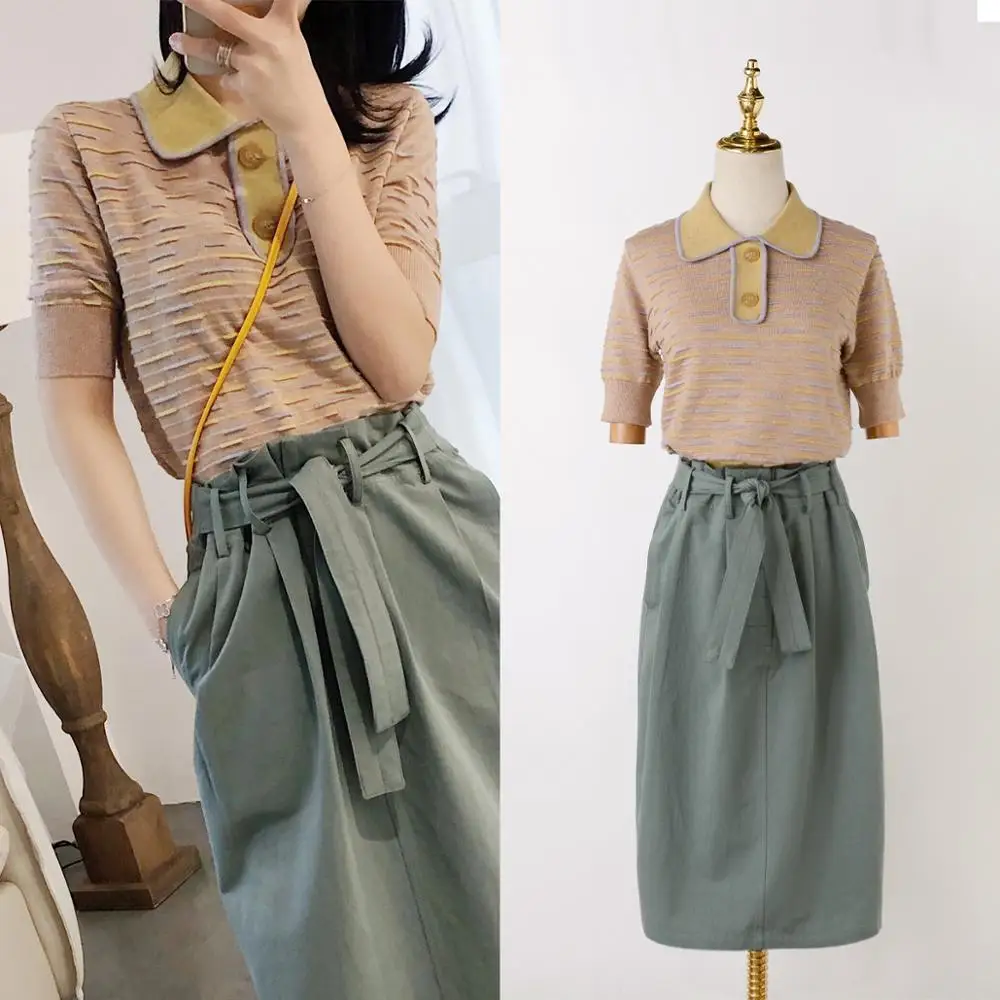 

2019 summer women's knitting T shirts belt skirts 2pieces set Japan style women's skirt suit A361