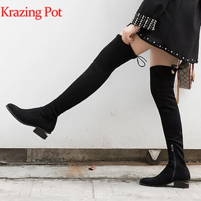 

Krazing pot flock fashion European design boots style strange style med heels round toe gorgeous stretch over-the-knee boots L06