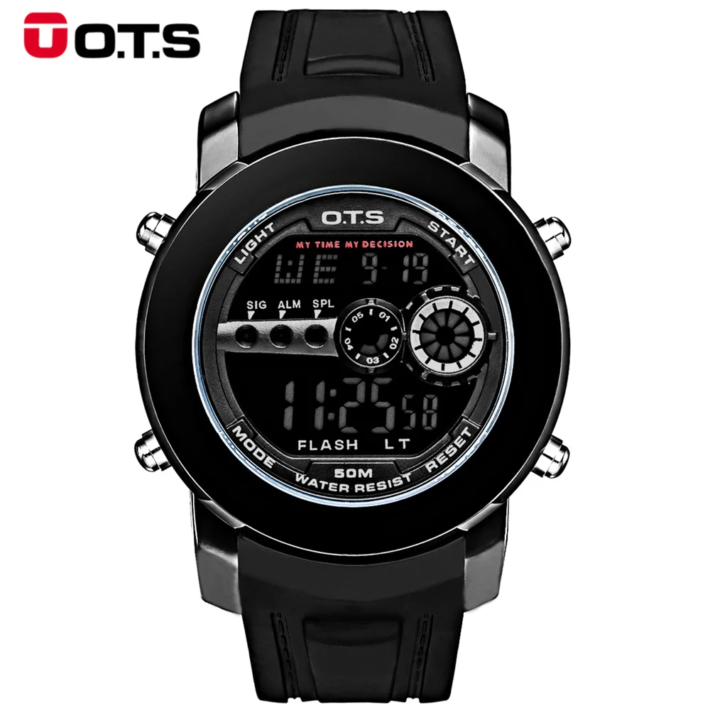 Brand OTS Cool Men Black Fashion Watch Outdoor Sport Rubber Strap Mens