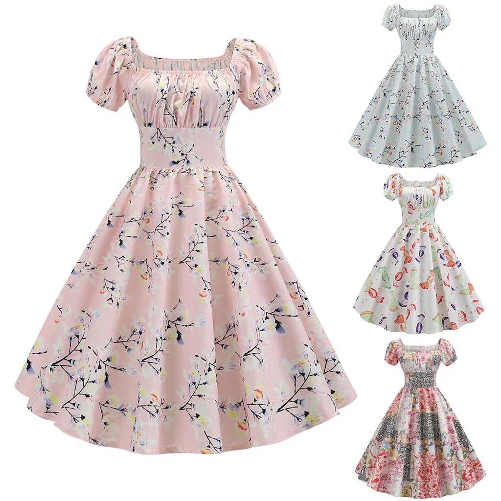 

Women Summer Dress 2019 Elegant Casual Women Vintage 1950s Retro Short Sleeve Print Evening Party Gown Prom Swing Dress