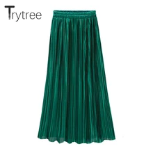 Trytree Весна Лето Новая женская гофрирующая Юбка Повседневная Высокая талия юбка Сплошные длинные юбки классическая юбка с металлическим отливом Женская
