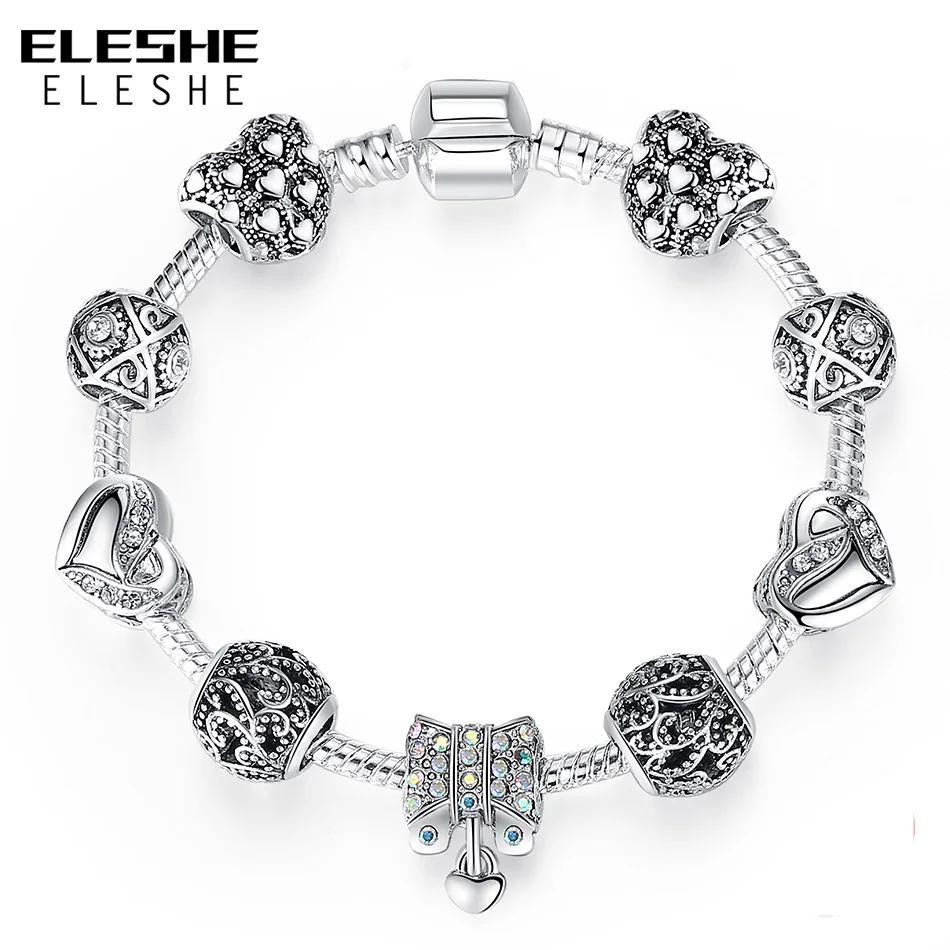

ELESHE European Crystal Beads Bracelets Bangles Unique Silver Bowknot Heart Charm Bracelets For Women Friendship Fashion Jewelry