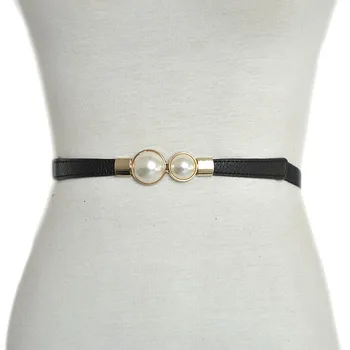 

Fashion Thin PU Leather Belt Simulated Pearl Waist Belts Women Elastic Thin Belt Covered Button Original belt Girl Dresses Skirt