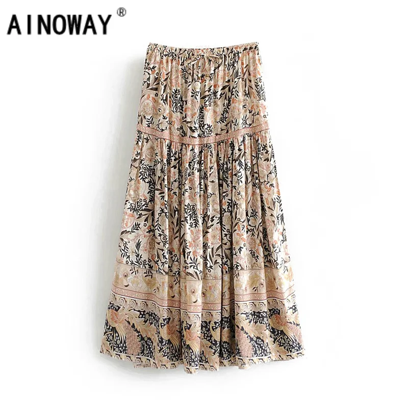 

Vintage chic fashion Hippie women beach Bohemian purple floral print skirt High Elastic Waist A-Line Boho Maxi Skirt Femme