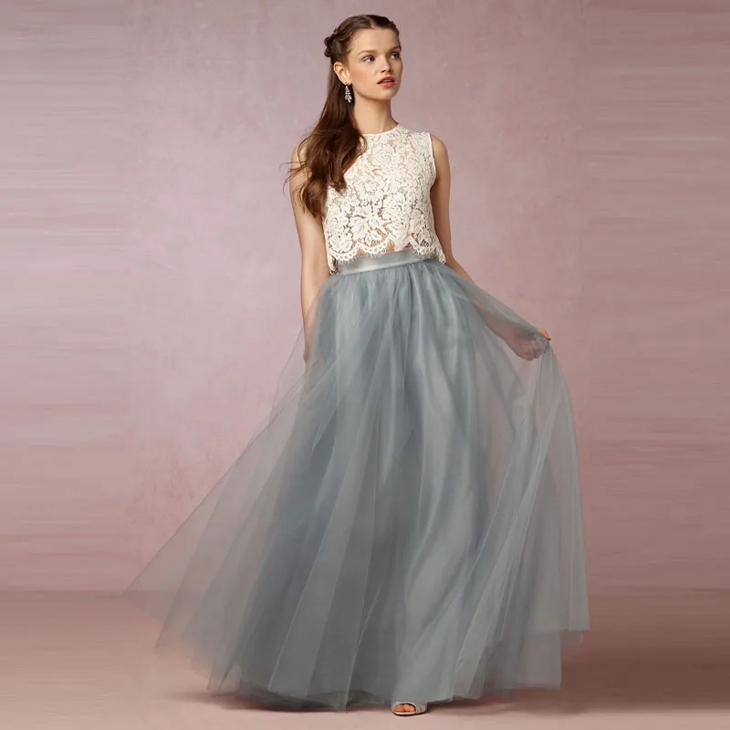 

Custom Made 2 Pieces Bridesmaid Gowns Vestido De Festa Longo Lace Bodice Bridesmaid Gown Cheap Tulle abendkleider