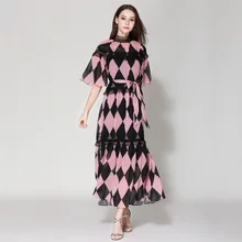 2019 Summer runways plaid pink dress Chic lace patchwork belt dress Fashion flare sleeves chiffon dress A314 2019 Summer runways plaid pink dress Chic lace patchwork belt dress Fashion flare sleeves chiffon dress A314
