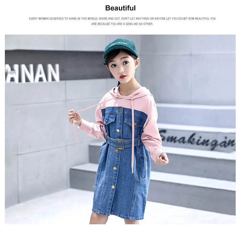 2018 New Casual Girl Dresses Fashion Spring Autumn Long Sleeve Children Clothing Teen Hooded Denim Kids Dress For Girls 14 Years (10)