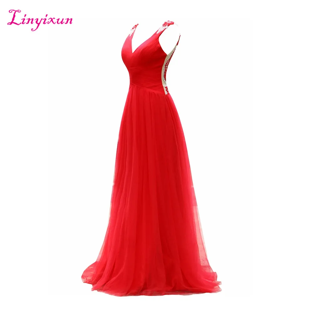 

Linyixun Real Photo V Neck Appliques Evening Dresses 2017 Simple Tull Backless Prom Gown Dresses Sweep Train Robe de soiree