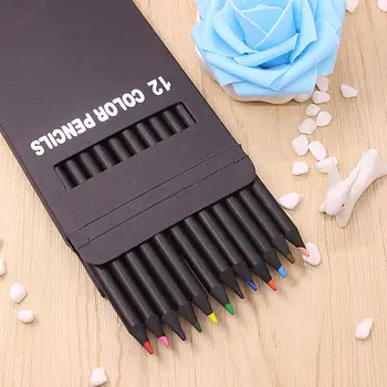 

12 Pcs/Set Valued Color Pencil Packaging 12 Different Colours Colored Pencils Kawaii School Black Wooden Pencils High Quality