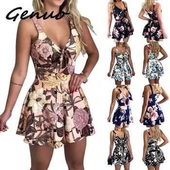 

Genuo Women Fashion New Bow Backless Sexy Playsuits 2019 Casual Summer Sling V-neck Mini Rompers Womens Print Loose Jumpsuits
