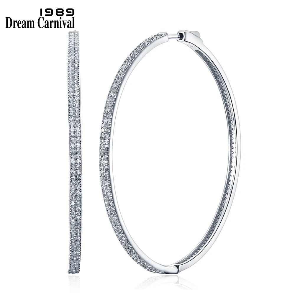

DreamCarnival 1989 2 row Thin Stones Zircon Big Circle Round Hoops Sterling Silver 925 Jewelry Timeless Wedding Earring SE14743R