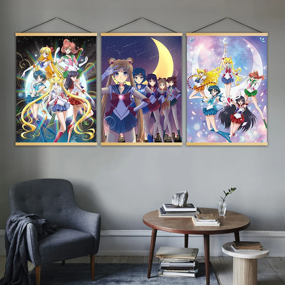 

Print Canvas Picture Sailor Moon Home Decor Animation Girl Nordic Wooden Scroll Hanging Painting For Living Room Wall Art Poster