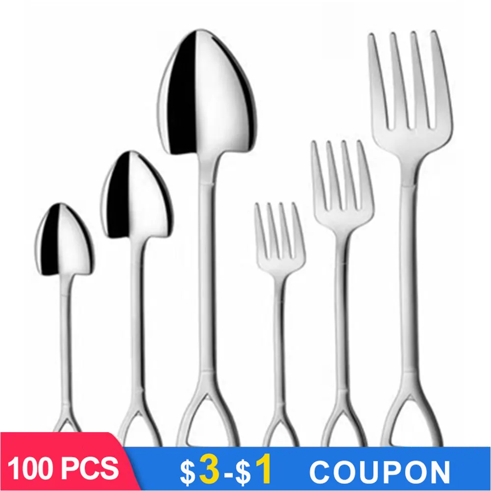 

6PCS Stainless Steel Creative Shovel Shape Coffee Spoons Tea Forks Dinnerware Cutlery Set Utensils Kitchen Accessories Tableware
