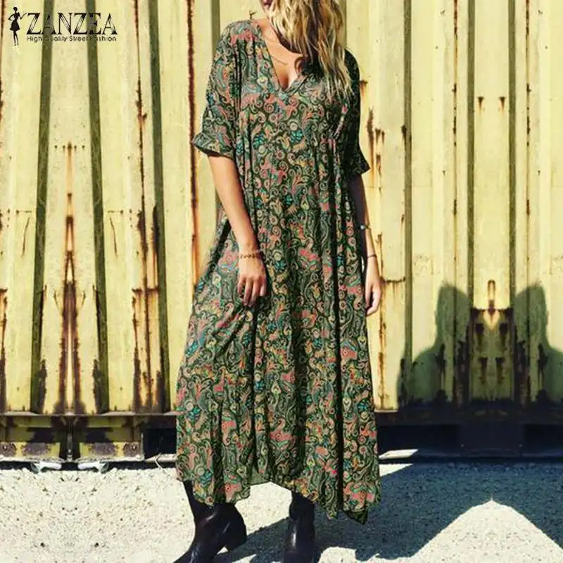 

ZANZEA Bohemian Floral Printed Sundress Women Summer Maxi Long Dress Vintage V neck Short Sleeve Beach Vestido Robe Femme Dress