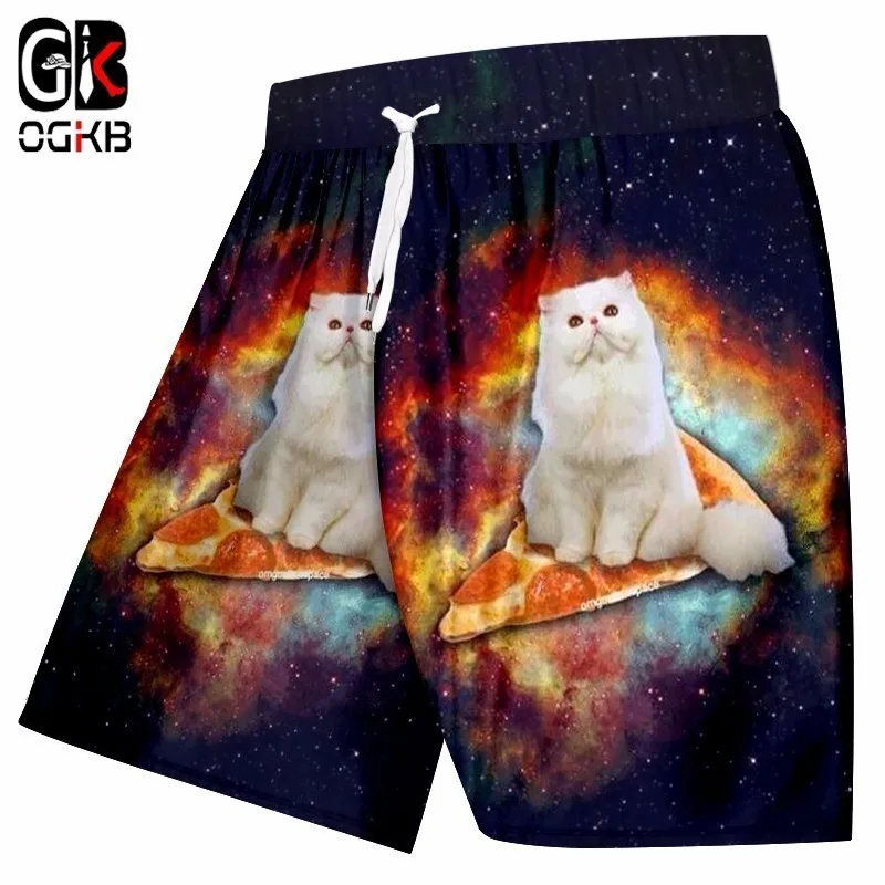 OGKB, новинка, летние, галактические, космические шорты, мужские, Забавный принт, кошка, сидя на пицце, 3D, пляжные, мужские, хип-хоп, уличная одежда, короткие брюки