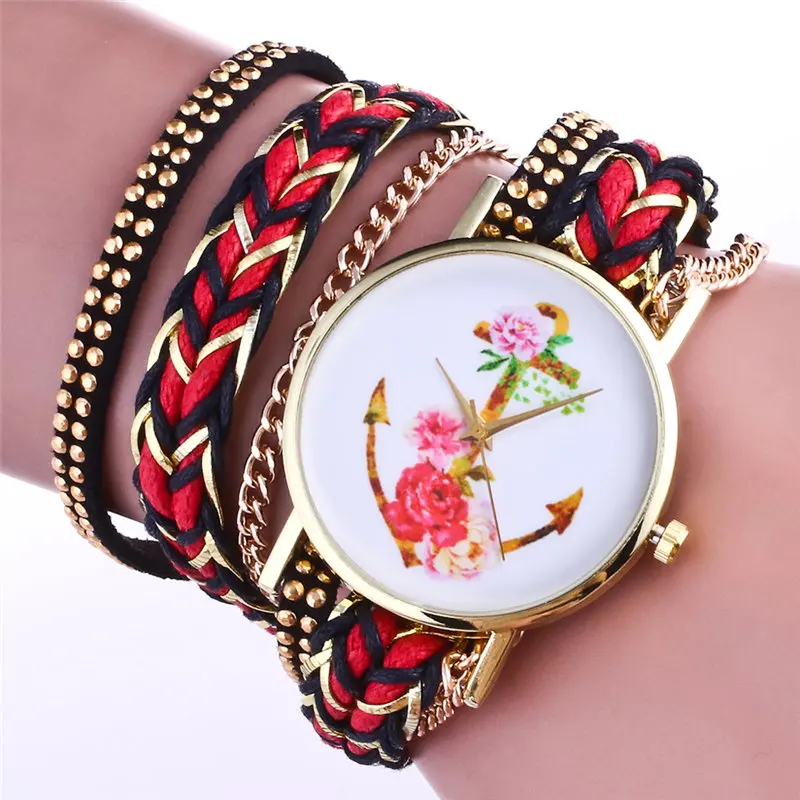 

Fashion gold women bracelet watch Creative retro anchors roses dial Retro leather girl watch Ladies brand Wristwatches female