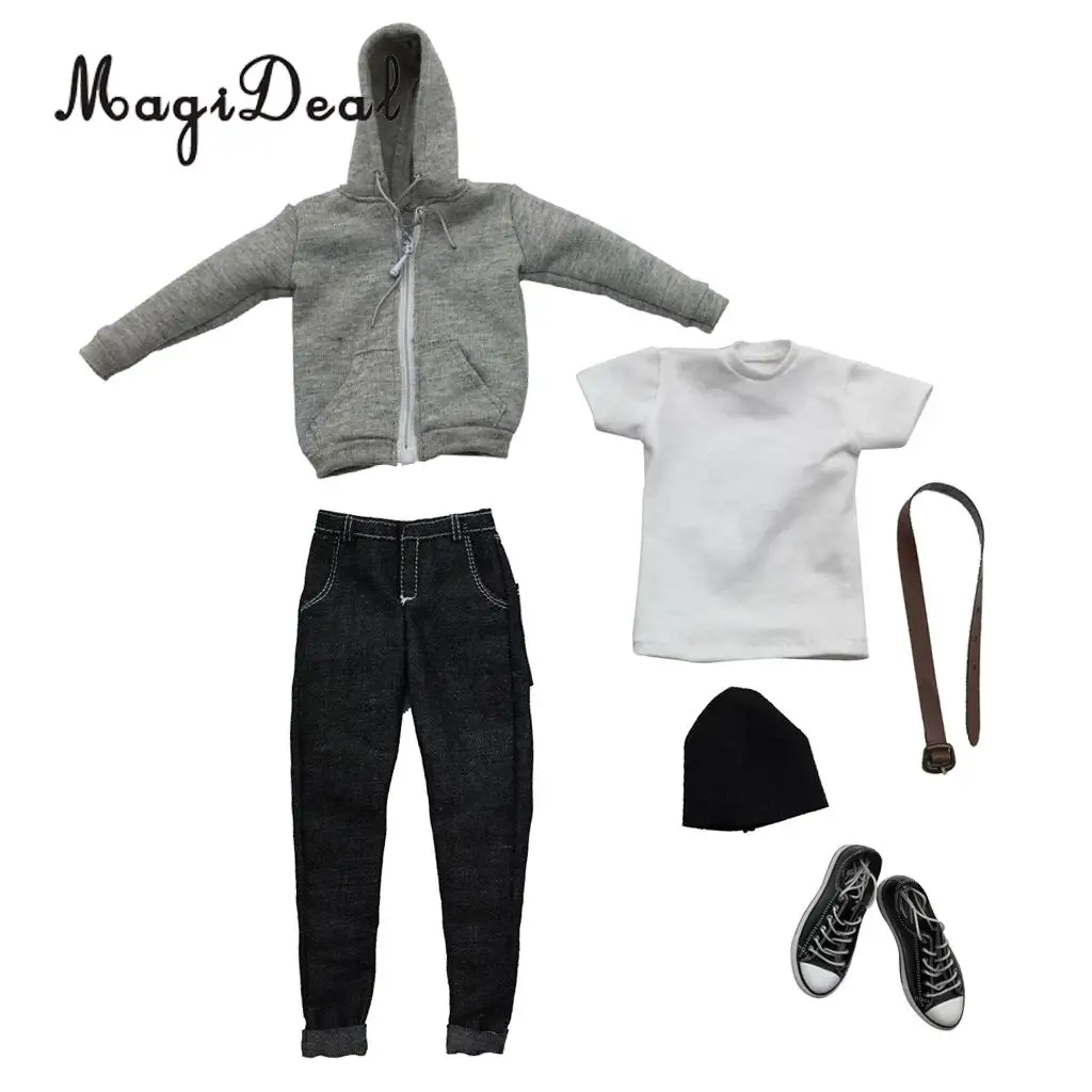 MagiDeal 1/6 Scale Mens Clothes Gray Hoodie T-shirt Jeans Belt Cap Canvas Shoes Set for 12 Inch Male Action Figures