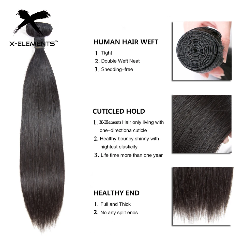 X-Elements прямые пучки волос с 360 фронтальное закрытие шнурка перуанские человеческие пучки волос с закрытием волос для наращивания