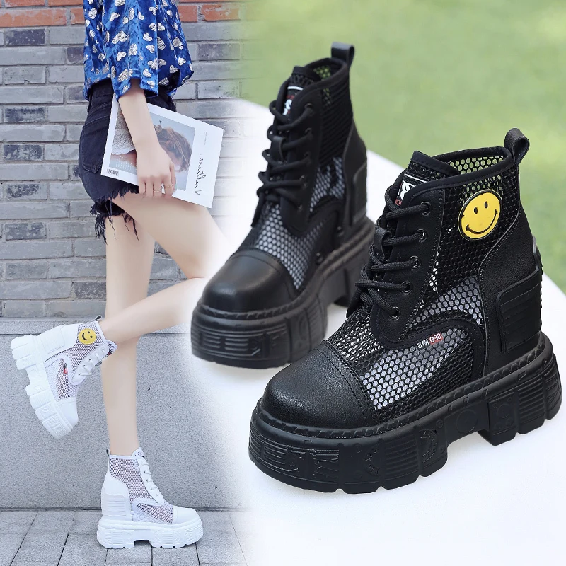 

sandalia feminina 2019 new designer botas femininas air mesh breathable Solid color lace up platform wedges shoes for woman