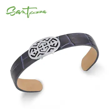 

SANTUZZA Silver Bracelet Bangle for Women Men 925 Sterling Silver Adjustable Bangle Blue Genuine Leather Party Fashion Jewelry