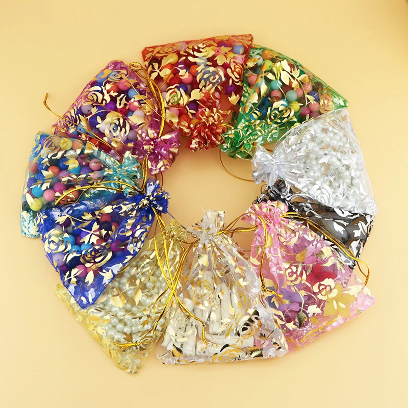 

Wholesale 100pcs/lot 7x9cm Mixed Colors Gold Rose Print Organza Bags Drawstring Gift Bag Favor Charm Jewelry Packaging Bags