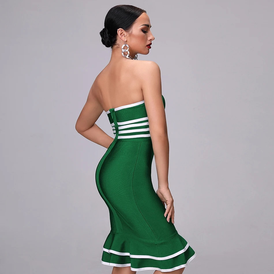 2019New женские осенние фитнес вечерние платья зеленый черный фиолетовый полоса без бретелек с подолом рыбий хвост сексуальные Клубные платья Бандажное платье с рюшами
