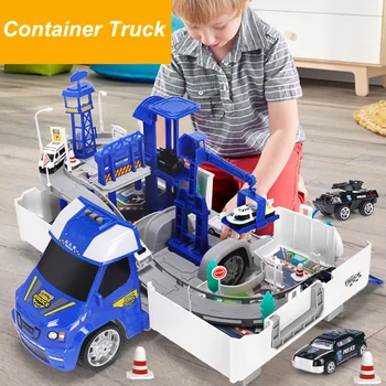 

2in1 Railway Racing Tracks Electric Car Toys Parking lot with Light Music Assemble Container Truck Track Toys for Boys Gift