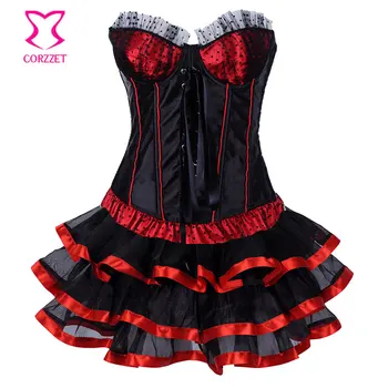 

Black/Red Satin With Dot Mesh Women Overbust Tight Lacing Sexy Gothic Dresses Burlesque Corset Tutu Skirt Set Showgirl Costumes