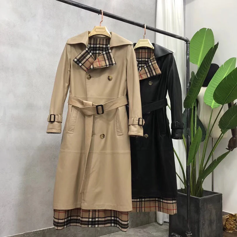 Feminina En Ceinturé 2018 De Black Jaqueta vent Femmes Mouton Veste Coupe Peau Long style Mode khaki X Mince Cuir Véritable q1ZzwP51