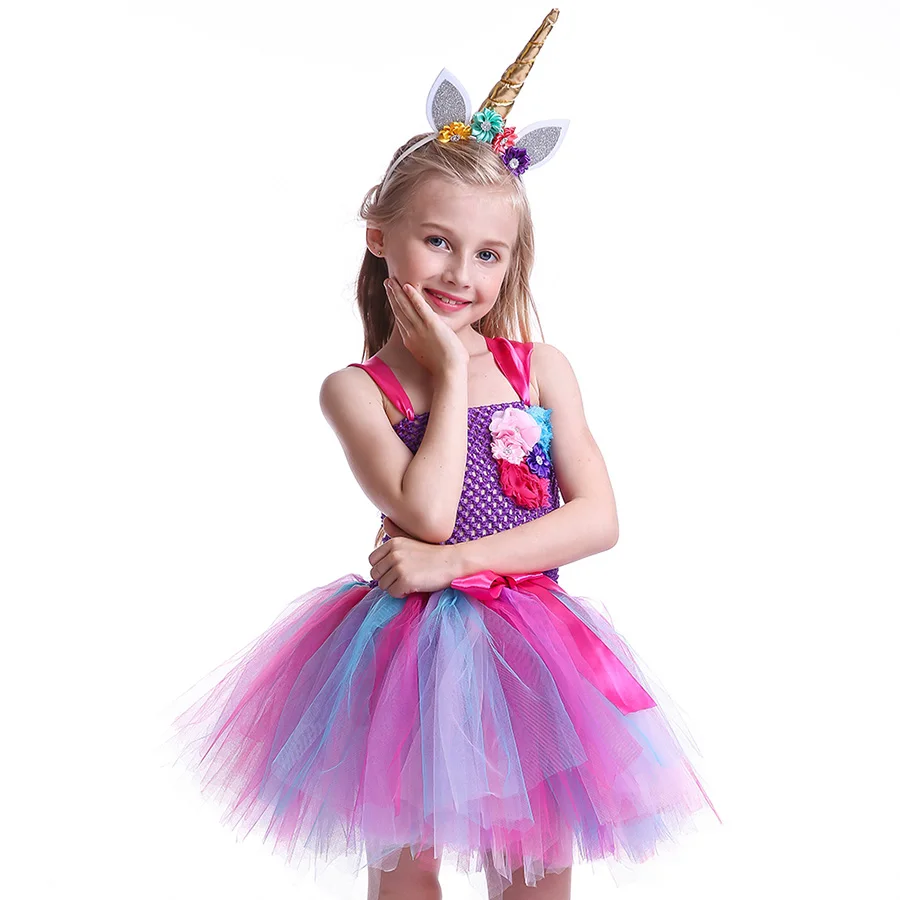 Girls Unicorn Halloween Tutu Dress with Head Hoop Kids Flowers fancy Dress (6)