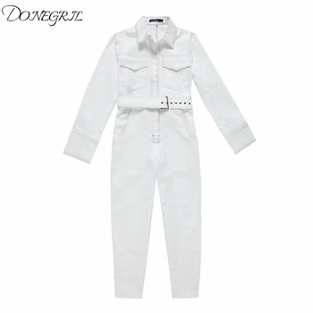 

2019 spring and autumn tooling straight jumpsuit female was thin and bright line hit color denim jumpsuit