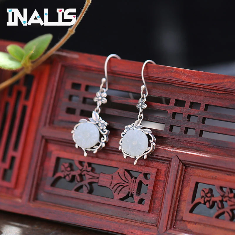 

INALIS Unique 925 Sterling Silver Drop Earrings Statement Ear Hook with White Natural Hetian Jade Fine Jewelry for Women Brincos