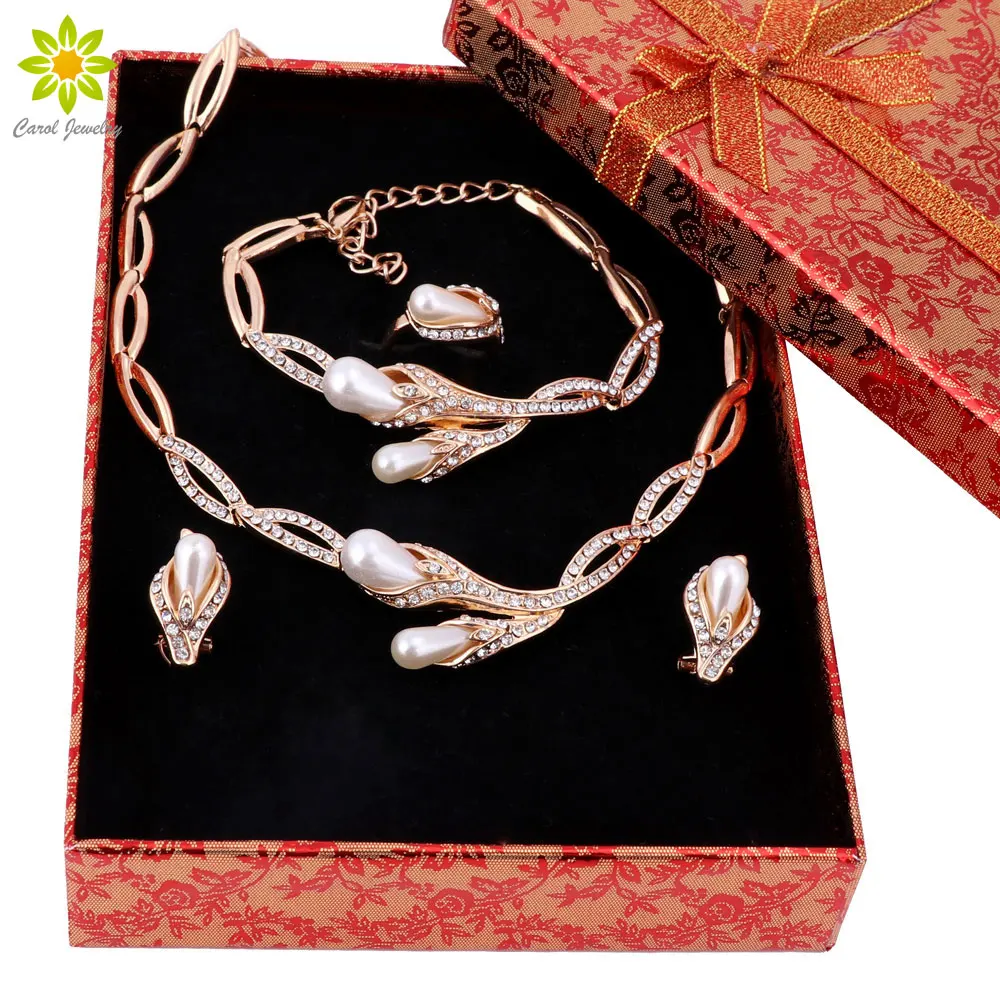

Fine Women Crystal Simulated Pearl Jewelry Sets Statement Choker Necklace Set Wedding Party Accessories+Gift Boxes