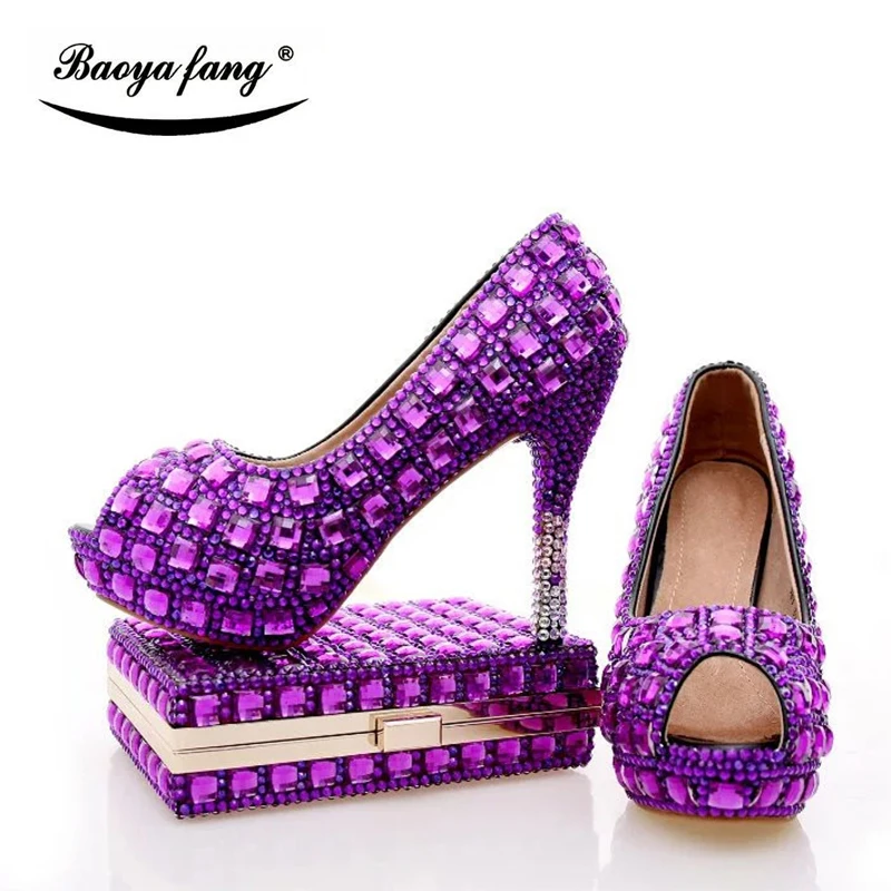 

New Purple cyrstal wedding shoes with matching bags fashion Peep toe Woman party dress shoes Fish toe high heels shoes