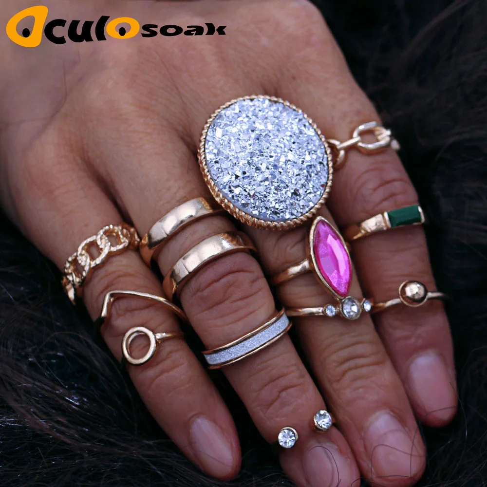 

12 pcs/set Gold Color Knuckle Rings Set For Women Wave Large Round Crystal Hollow Chain Double Middle Finger Ring Charm Jewelry