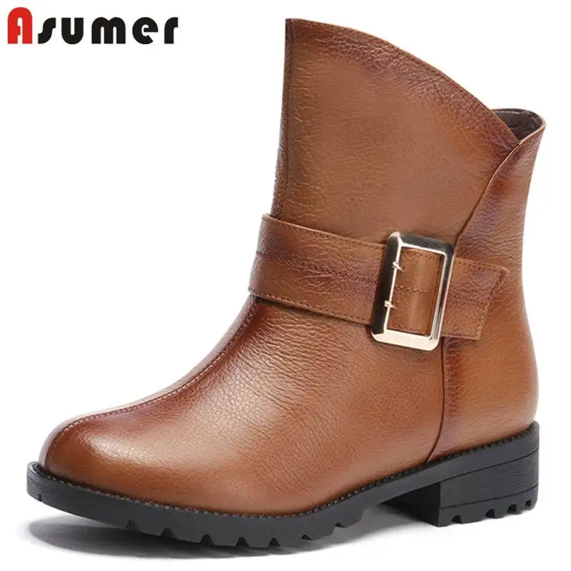 

ASUMER 2018 NEW fashion genuine leather boots round toe square low heels ankle boots women slip on buckle winter boots