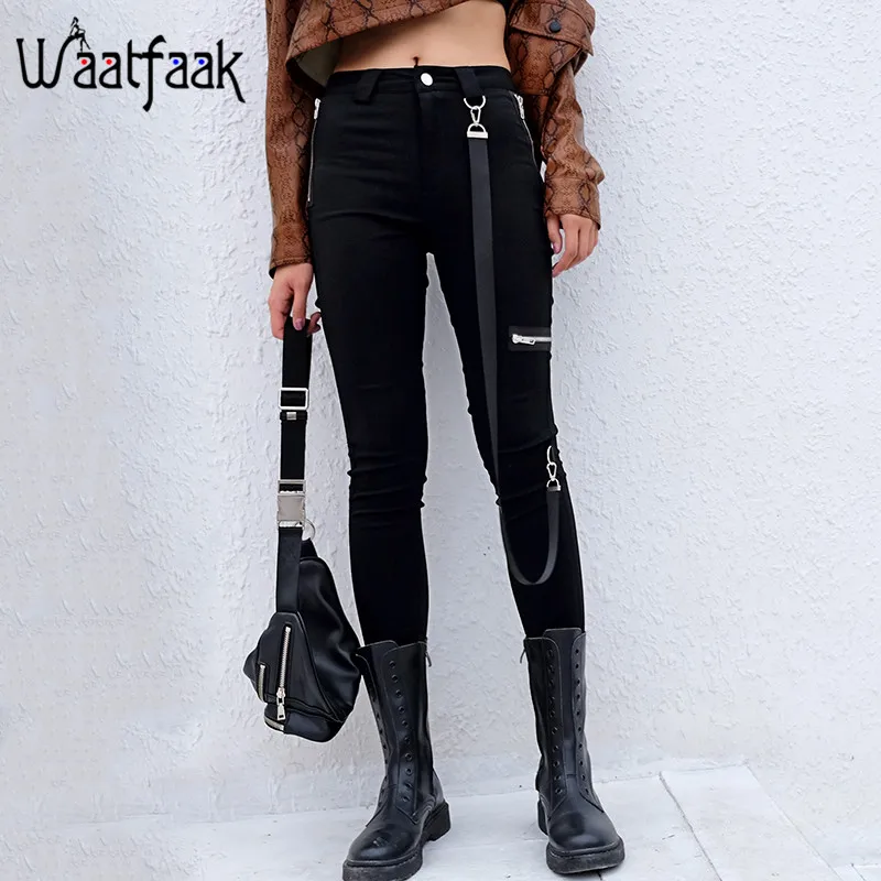

Waatfaak Black Cargo Pants Stretch Skinny High Waist Pencil Pants Women Long Zipper Pocket Belt Patchwork Casual Ladies Trousers