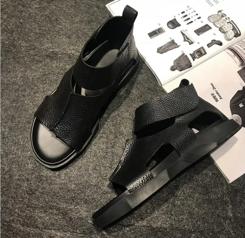 Genuine Leather Men's Sandals Flats High Top Sandals Hook&Loop Narrow