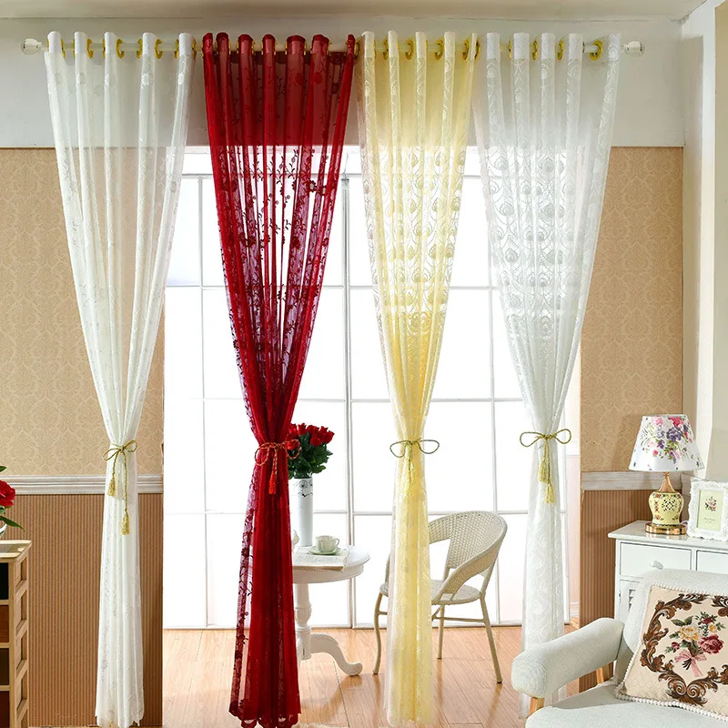 WLIARLEO Sheer Tulle Curtains Red Floral Voile Curtain For ...