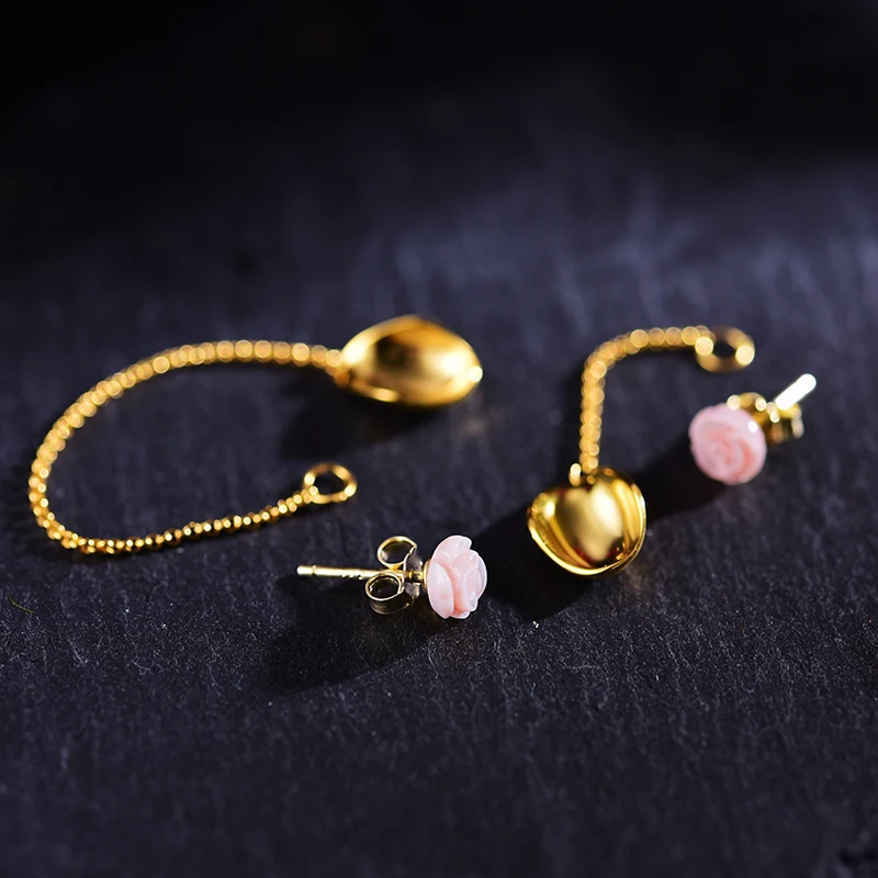 Lotus Fun Real 925 Sterling Silver Handmade Designer Fine Jewelry Sea Shell Delicate Rose Petals Uneven Drop Earrings for Women