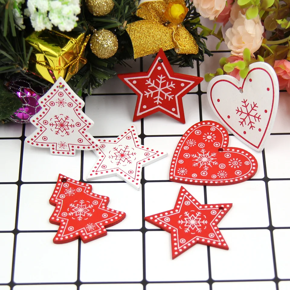 12PCS/Lot DIY White&Red Christmas Tree/Heart/Star Wooden Pendants Ornaments For Home Xmas Tree Ornaments Kids Gifts Decorations