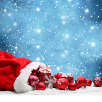 

Blue Halo Sky Red Gifts Bell in Santa hat on Snow Floor Christmas Photography Backdrops Children Newborn Background 150cm*200cm
