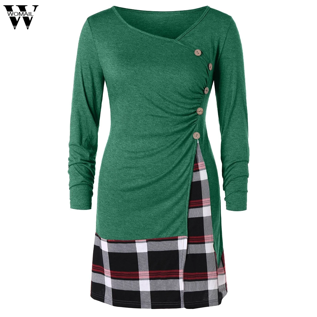 Womens Tops and T shirt Casual Plus Size Buttons Plaid Long Tunic T