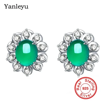 

Yanleyu 100% Solid 925 Sterling Silver Flower Earrings for Women Natural Green Gem Stone Stud Earrings Fashion Jewelry PE018