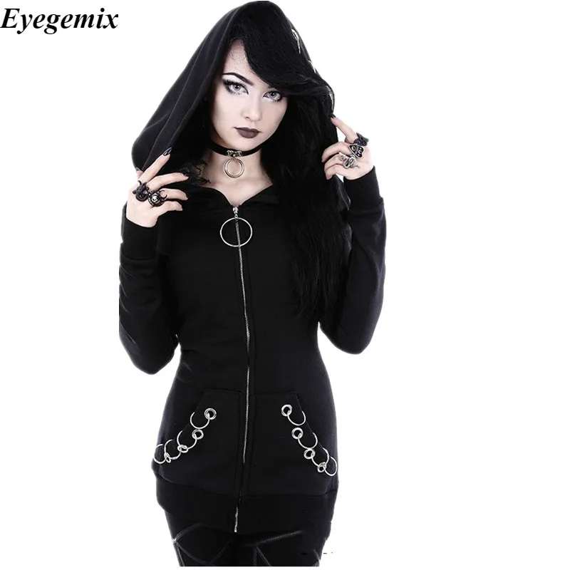 

Long Gothic Punk Women Hoodies Iron Ring Black Loose Hood Long Sleeve Casual Sweatshirt Plus Size Oversize Tracksuit Hoody